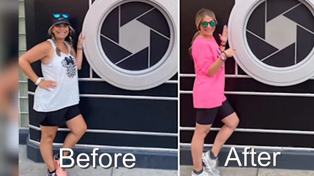 A before and after picture of a woman in shorts.