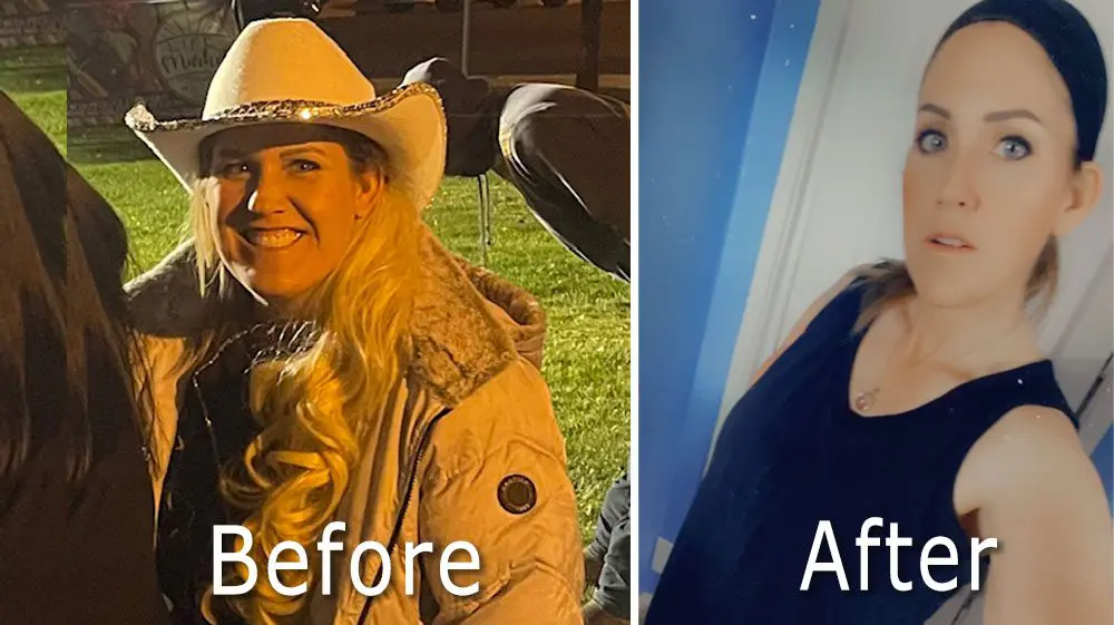 A before and after picture of a woman in cowboy hat.