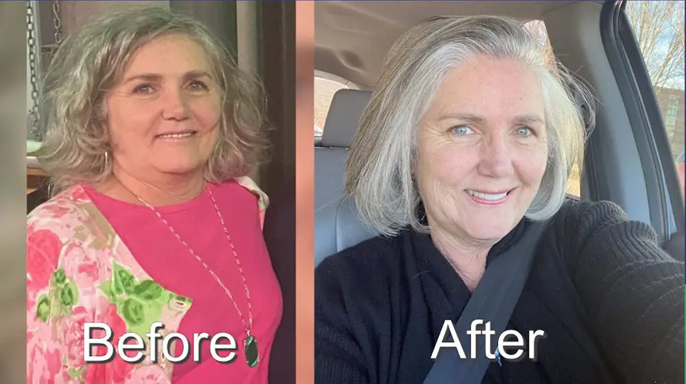 A before and after picture of a woman with gray hair.