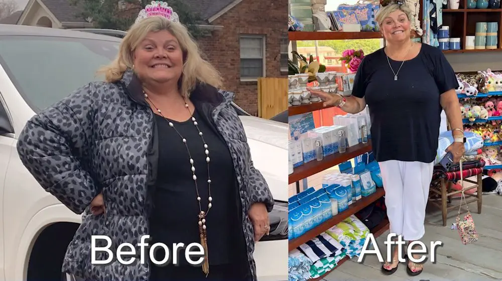 A before and after picture of a woman in front of a store.