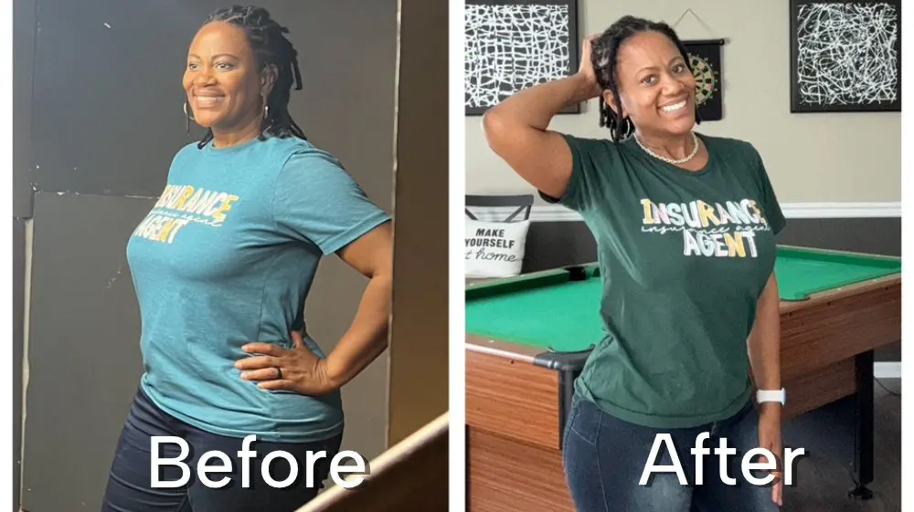 A before and after picture of a woman in a green shirt.